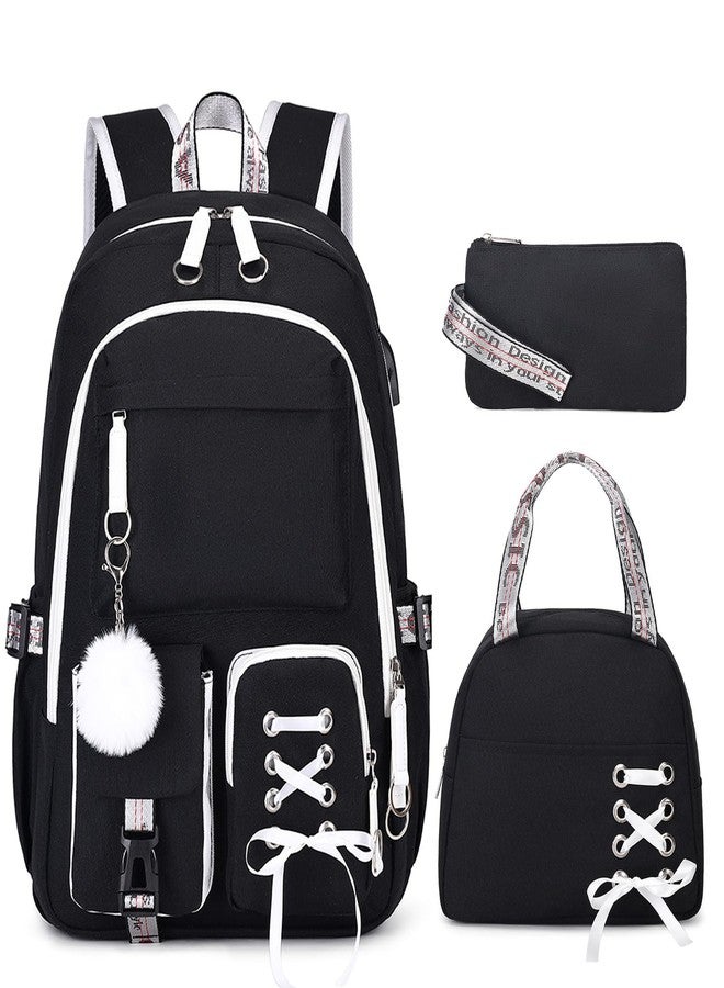 ACESAK Backpacks for Girls, Girls Backpack with Lunch Box and Pencil Case for Teen Kids Elementary Middle High School College Student, Children School Backpack Bookbag with USB Charging Port (Black) - Image 1